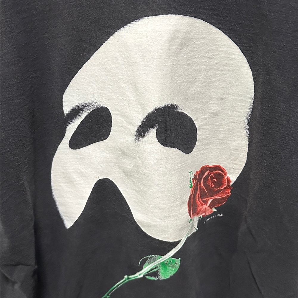Men's Black Graphic Tee with White Mask and Red Rose